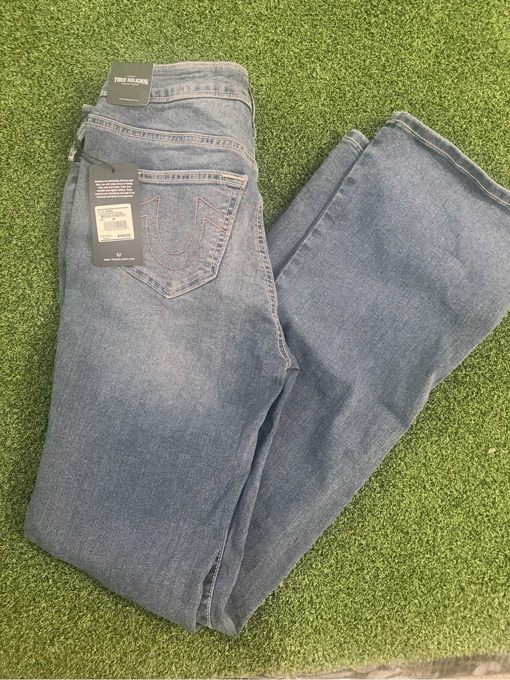True Religion Women’s Blue Straight Jeans with Signature Back Pockets